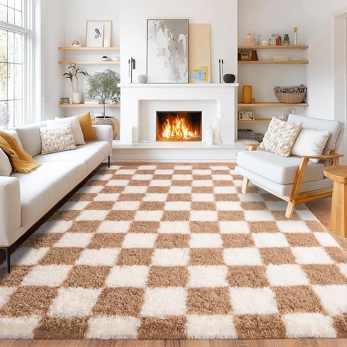 Pionblank 8x10 Area Rugs for Living Room, Fluffy Plush Checkered Rug for Bedroom, Shag Non Slip Soft Furry Large Carpet for Kids Room Nursery Home Decor, Beige and Cream White