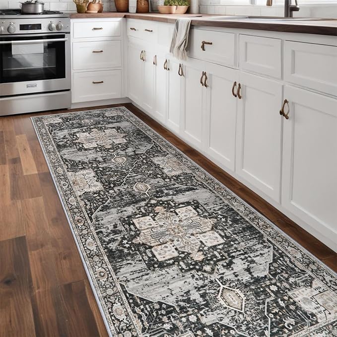 RUUGME Hallway 3x10 Runner Rug - Washable Rugs with Non Slip Backing Ultra Thin Stain Resistant Carpet for Kitchen Living Room Bedroom Vintage Tribal Rugs for Floor Decoration Mat 3x10 Black