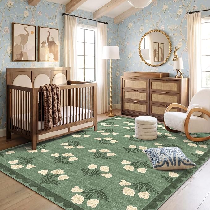 Green 5x8 Living Room Area Rug - Washable Boho Floral Scalloped Bedroom Rug Stain Resistant Dining Room Rugs for Under Table Non Slip Vintage Modern Farmhouse Rugs for Bedroom Nursery Decor