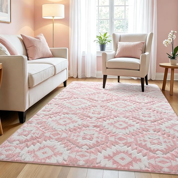 Macgace Soft Area Rug for Girls Bedroom, 4x6 Pink and White Shag Rugs | Washable Non-Slip Backing Medium Pile Modren Geometric Fuzzy Carpet for Kids Room, Classroom, Living Room, Dorm