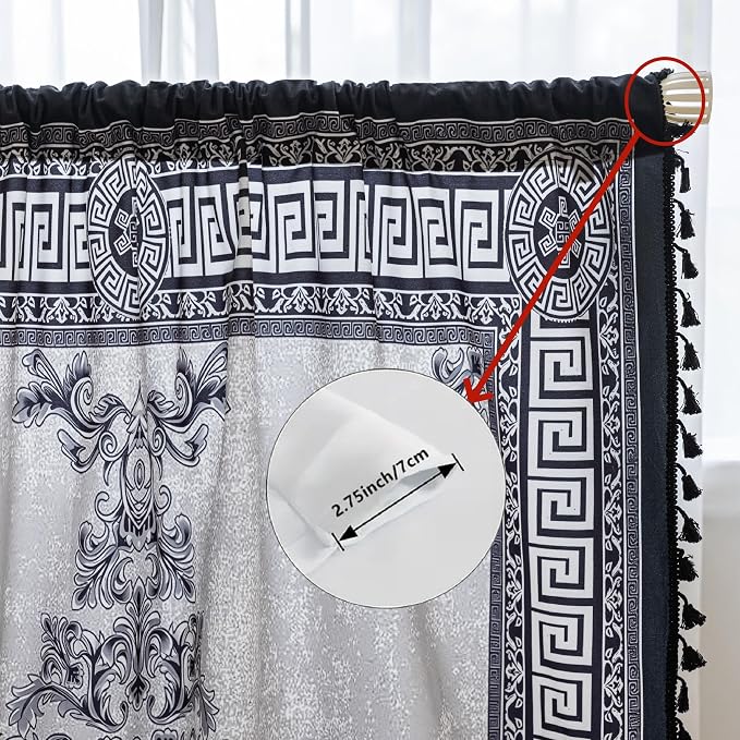 Black Medallion Curtains 63 Inches Long, Boho Farmhouse Light Filtering Rod Pocket Drapes with Tassel Trim for Bedroom Living Room, 2 Panels