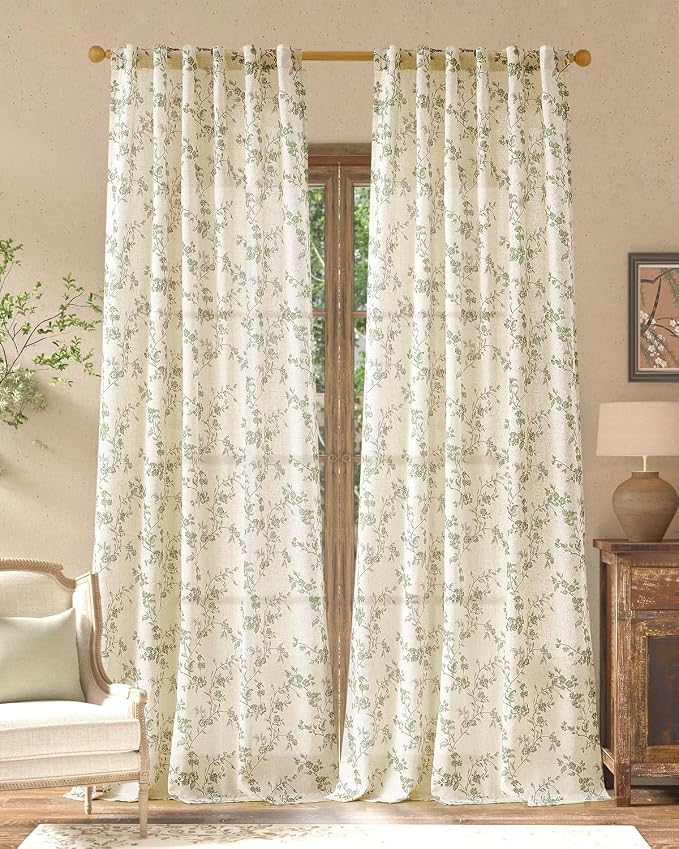 jinchan Green Floral Linen Curtains 96 Inch Farmhouse Back Tab 2 Panels | Flower patterned drapes, french country, light filtering, semi sheer, printed, privacy, bedroom, living room, home decor