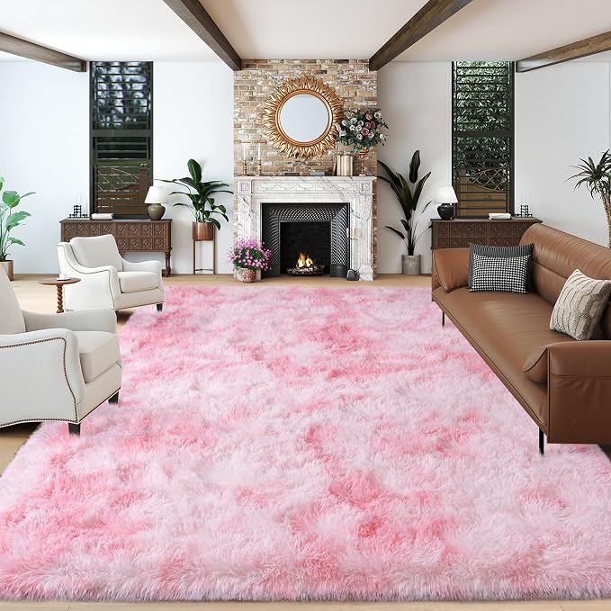 Dssimo Pink and White Rug for Living Room Bedroom,9x12 Soft Shaggy Area Rug | Upgrade Non-Slip Large Pink Fuzzy Rug for Girls Nursery Kids Room Dorm Room Home Decor, Indoor Plush Floor Carpet