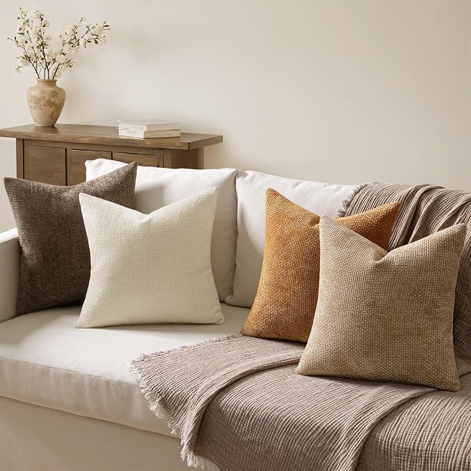 MIULEE Pack of 4 Brown Couch Throw Pillow Covers 20x20 Inch Soft Decorative Chenille Pillows Farmhouse Accent Cushions for Boho Fall Home Decor Sofa Bedroom Living Room