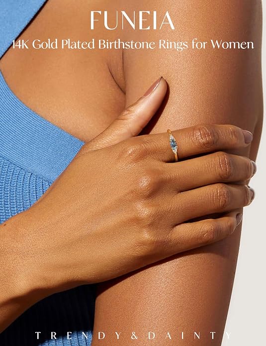 FUNEIA Gold Birthstone Rings for Women Non Tarnish Trendy Stackable Gold Rings that Don't Tarnish Dainty Emerald Green Gemstone Cubic Zirconia Wedding Engagement Ring for her Birthday Gifts Jewelry