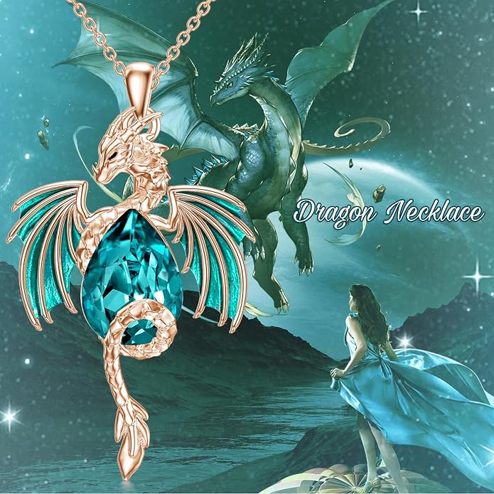 Dragon Necklace for Men Sterling Silver Birthstone Wyvern Necklace Embllished with Teardrop Shaped Crystal Jewelry for Women