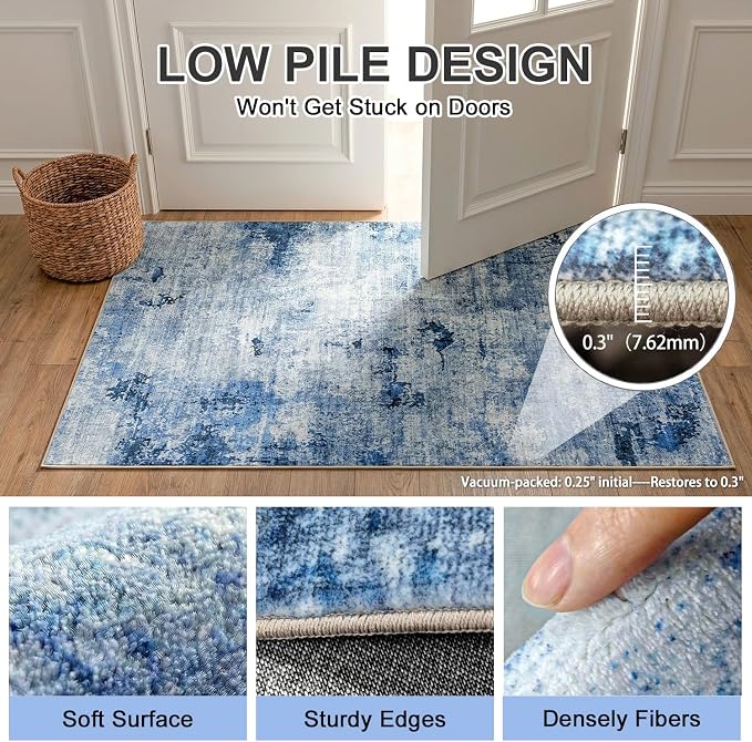 Large Washable Area Rug for Hardwood Floors, 8'x10', Navy Blue | Low Pile, Spill-Proof, Stain Resistant, Pet Friendly, Modern Abstract, High Traffic, Non-Slip Backing, 100% Cotton-Backed