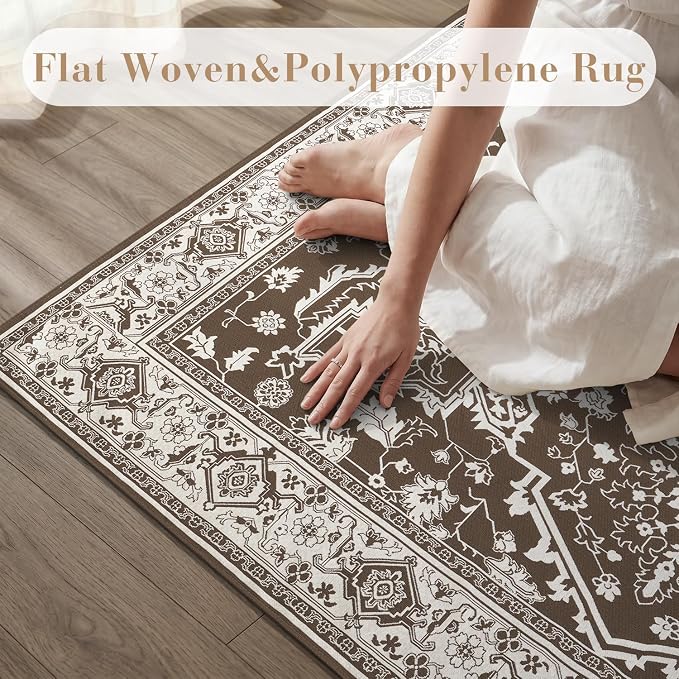 AMOAMI-Outdoor Rug-Patio Rug 8x10 ft Quick Dry Flatweave Textured Machine Washable Outdoor Carpet with Rubber Particles Backing Vintage Outdoor Area Rug for Patio Deck Front Porch Balcony Brown