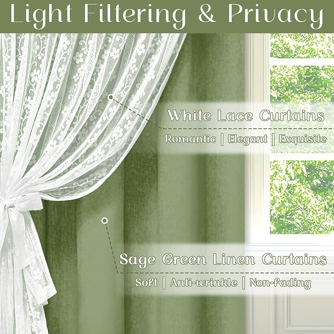 ASPMIZ Linen Kitchen Curtains Double Layer Kitchen Window Curtains Over Sink 36 Inch Sage Green Tier Curtain Light Filtering Rod Pocket Cafe Curtain Short Window Treatments with 2 Tiebacks, 26x36