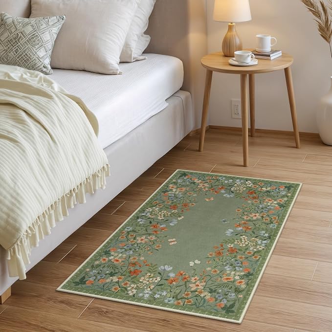 Wonnitar 2x3 Washable Area Rug, Green Floral Entryway Rug, Boho Small Non Slip Rug for Bathroom, Soft Kitchen Accent Carpet, Ultra Thin Bedside Laundry Decor (2x3 Green)