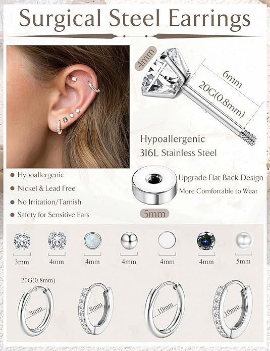 Jstyle Hypoallergenic Stud Hoop Earrings for Women Small Flat Back Surgical Stainless Steel Earrings for Sensitive Ears Trendy Silver Hoops Cartilage Earring Stacks Set Multiple Piercing Jewelry Gifts