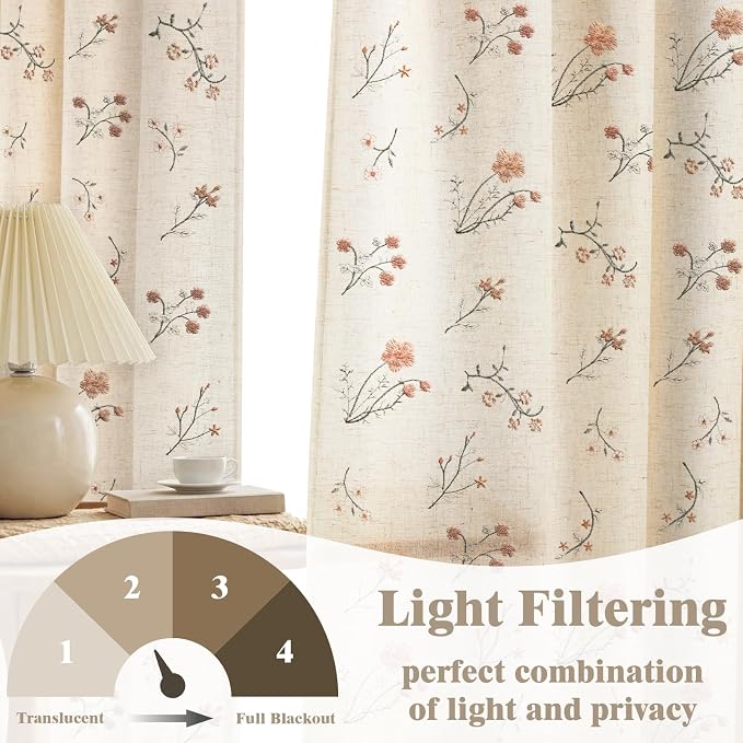 Floral Embroidered Linen Blend Curtains for Bedroom, 72 Inch Light Filtering Spring Farmhouse Vintage Drapes Beige Flower Window Treatments for Living Room Rod Pocket, Set of 2 Panels