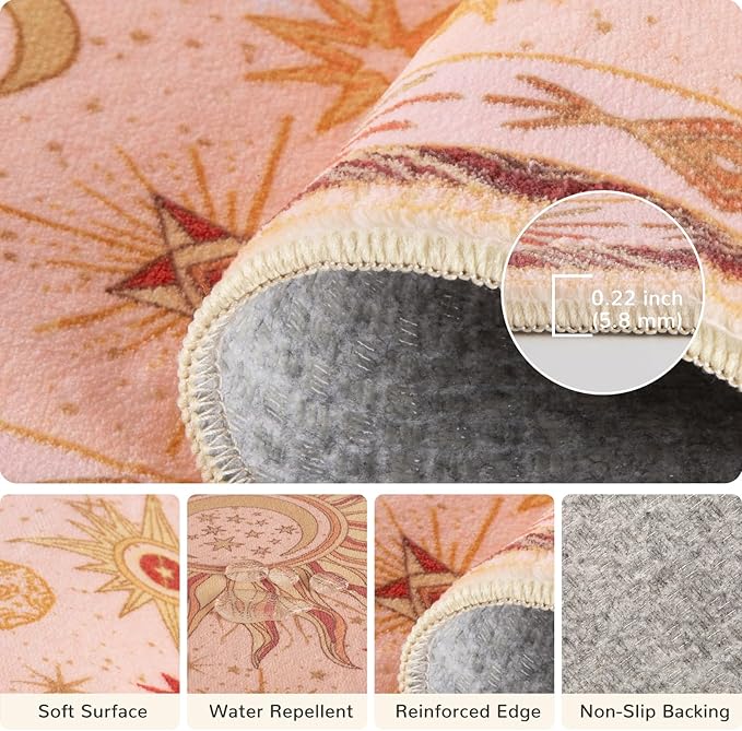 Vacuum-Friendly, 2x3 Washable Area Rug, Pink Gold Beige Red | Sun and Moon Boho Gothic Non-Slip Low Pile Living Roon Bedroom Dining Room Kitchen Entry Entryway Entrance Hallway Doormat