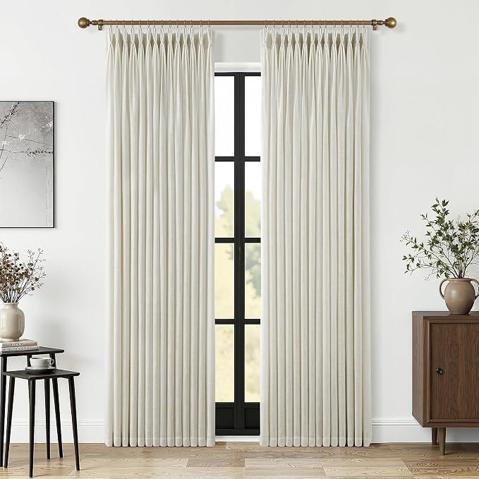 Beige Pinch Pleated Linen Curtains 84 Inch Length 2 Panels for Living Room Bedroom Semi Sheer Window Drapes Light Filtering Light Tan Boho Farmhouse Pinch Pleat Curtain 84 Inches with Hooks Ring Clips