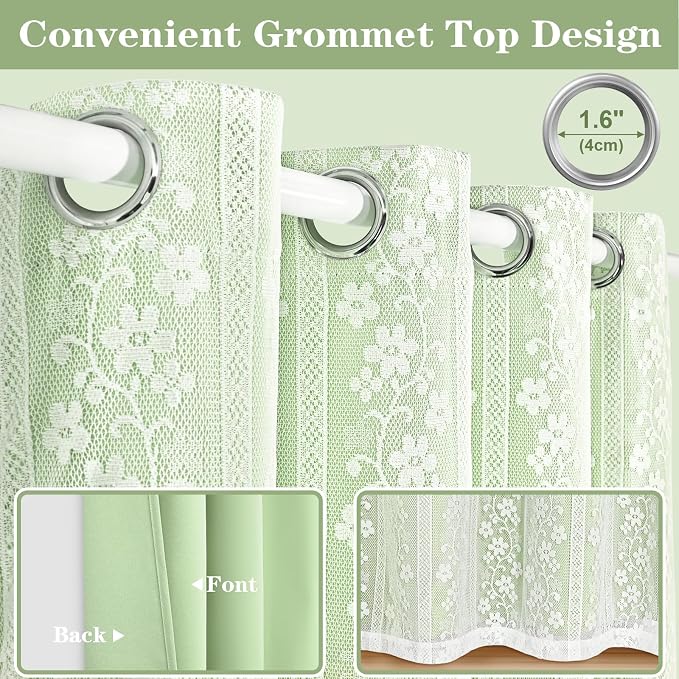 ASPMIZ Sage Green Blackout Curtains for Bedroom 84 inch Long, Double Layer Curtains for Living Room Light Blocking Grommet Drapes with Lace Overlay, Thermal Insulated Window Curtain Set of 2, 52x84