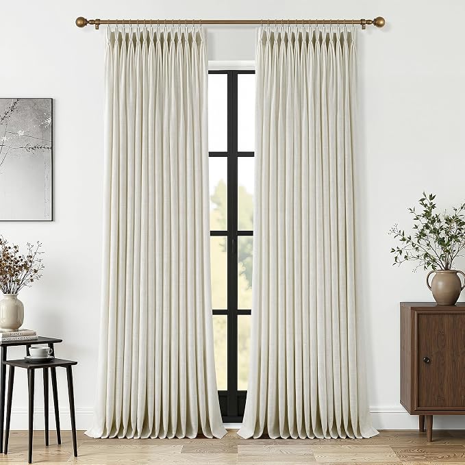 Beige Pleated Linen Curtains 102 Inch Length 2 Panels Set Semi Sheer Light Filtering Light Tan Window Drapes for Living Room Modern Viral Pinch Pleated Curtains 102 Inches with Hooks Rings Clips