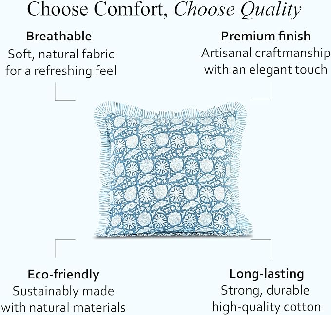 CPC Blue Meadow Hand Block Print 100% Cotton Ruffle Throw Pillow Cover 20x20 inch with Hidden Zipper Decorative for Couch, Bed, Sofa, Farmhouse, Cottagecore Decor Gift Christmas Fall Thanksgiving