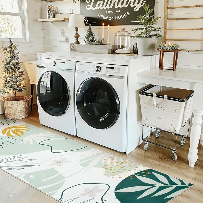 Lahome Green Hallway Runner - 2x7 Washable Non-Slip Runner Rug Throw Lightweight Soft Bathroom Runner Rug, Boho Botanical Print Indoor Carpet Runner for Bedroom Kitchen Entrance Laundry Living Room