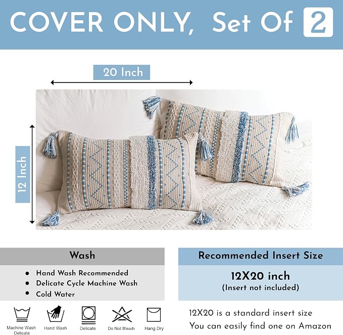 BlissBlush Decorative Lumbar Throw Pillow Covers 12x20 Combo Set of 2 Rectangular Coastal Blue Boho Accent Pillowcase Neutral Farmhouse Cushion for Couch Sofa Bedroom Living Home Décor Cover ONLY