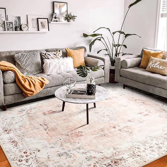 MUJOO Pink Washable Rug 8x10 Area Rugs Non Slip Low-Pile Floral Large | Machine Washable Throw Carpet for Living Room Bedroom Dining Room Boho Soft Floor Indoor Abstract Flowers Light Blush
