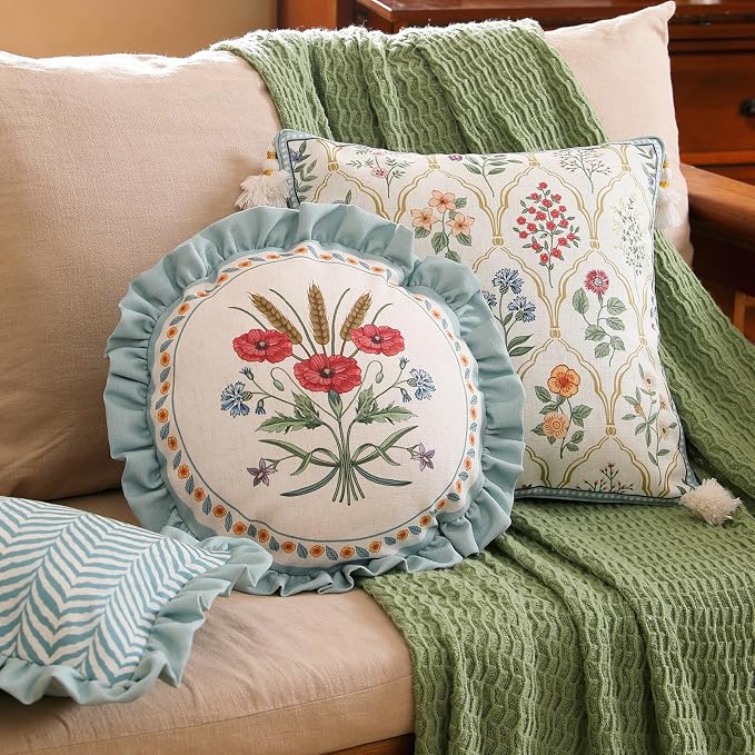 ISAENNE Designer Elegant Linen Throw Pillow Cover,Set of 4-Serenity ABCD | French Cottage Pillow Cover,Concealed Zipper,Floral Pattern,Sofas,Bedroom,Living Room,Lounge Chairs,All Season Home Decor