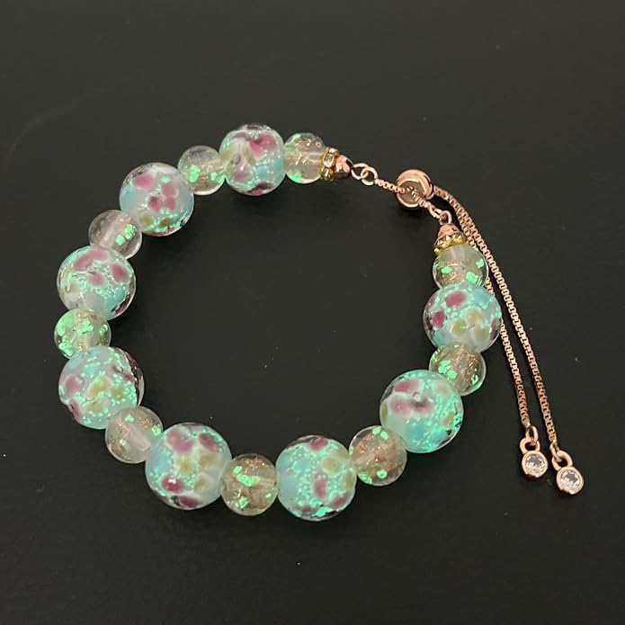 ARTSY Crafts Lily Garden Glow in the Dark Firefly Bead Bracelets Necklaces, Handmade in USA Murano Glass Jewelry, Flower Luminous Beads Mermaid Crystal Bracelet Bangle