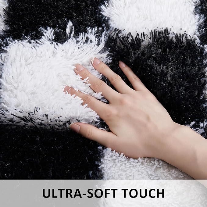 Ophanie Checkered Black & White Rug for Living Room Bedroom,Fluffy Soft Cute Fuzzy Area Rugs,Shag Plush Shaggy Bedside Floor 6x9 Furry Carpet Kids Baby Teen Dorm Decor with Over 99 pcs Pile fibers