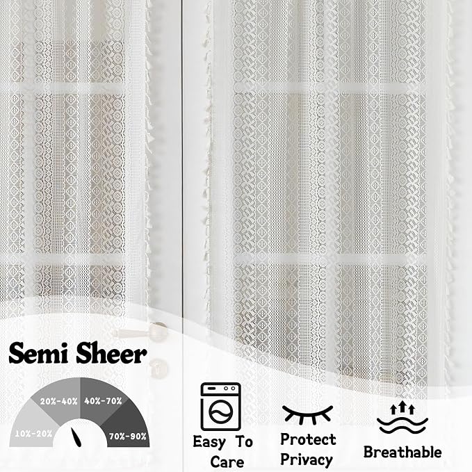 Sutuo Home White French Door Curtain for Patio & Sidelights, Ivory lace Door Curtains Bohemian Tassels Vintage Chic Semi Sheer Privacy Farmhouse Drapes for Entryway, Rod Pocket 2 Panels 25" W x 40" L