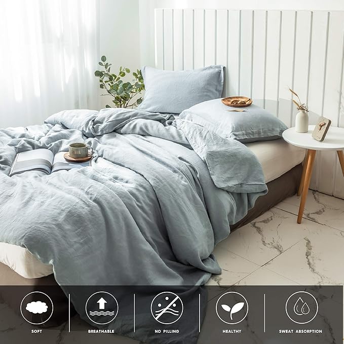 Simple&Opulence 100% Linen Duvet Cover Set 3pcs Basic Style Natural French Washed Flax Solid Color Soft Breathable Farmhouse Bedding with Button Closure - Dusty Blue, Queen