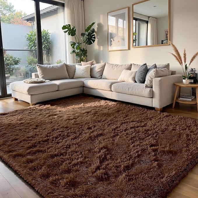 yongyangjuxin Fluffy Rug Shag Area Rug, Brown 8x10 Area Rugs for Living Room, Large Shag Area Rugs for Bedroom Room Home Decor, Upgrade Anti-Skid Rectangular Fuzzy Rugs