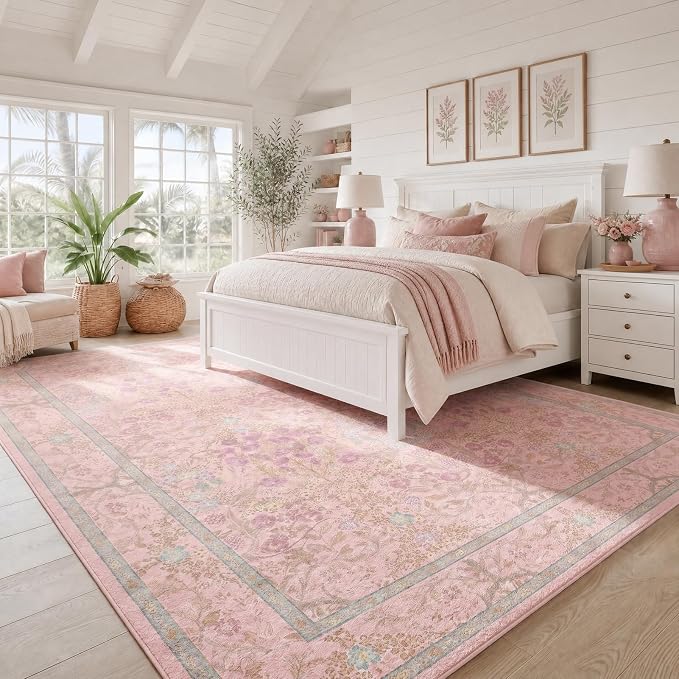 Light Pink Boho Area Rugs for Bedroom Aesthetic 8x10 - Washable Floral Farmhouse Large Rug for Living Room, Dining Room Under Table, Nursery - Soft Cottage Core Carpet with Low Pile & Non Slip