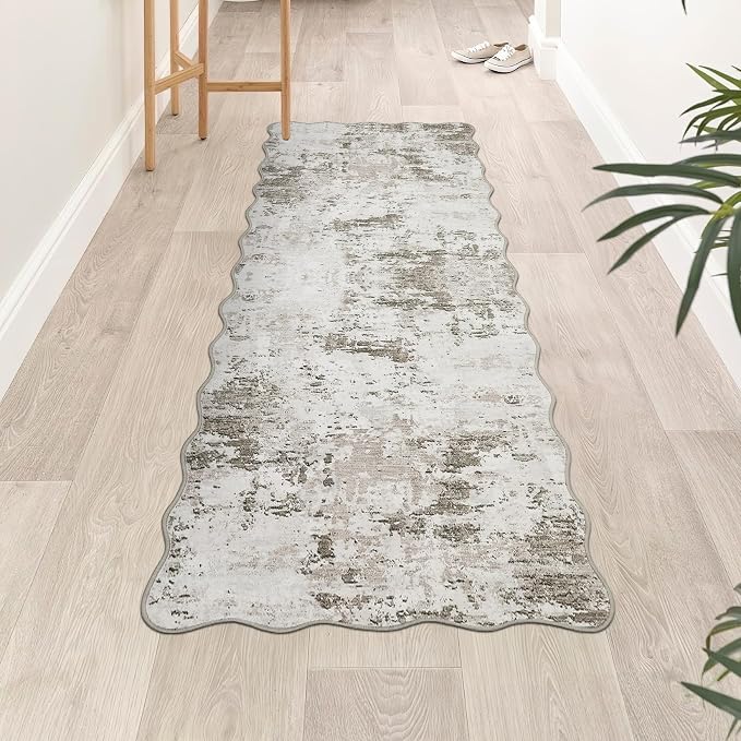 ROYHOME 2x6 Modern Abstract Scalloped Runner Rug Non Slip Soft Stain Resistant Low Pile Machine Washable Non Shed Rug for Hallway Kitchen Bathroom, Taupe
