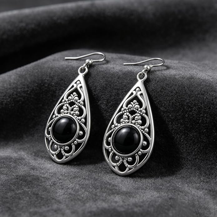 Gothic Vintage Dangle Earrings for Women 18K White Gold Plated Black Agate Teardrop Drop Earrings, Retro Jewelry for Wedding, Party, and Halloween Gifts