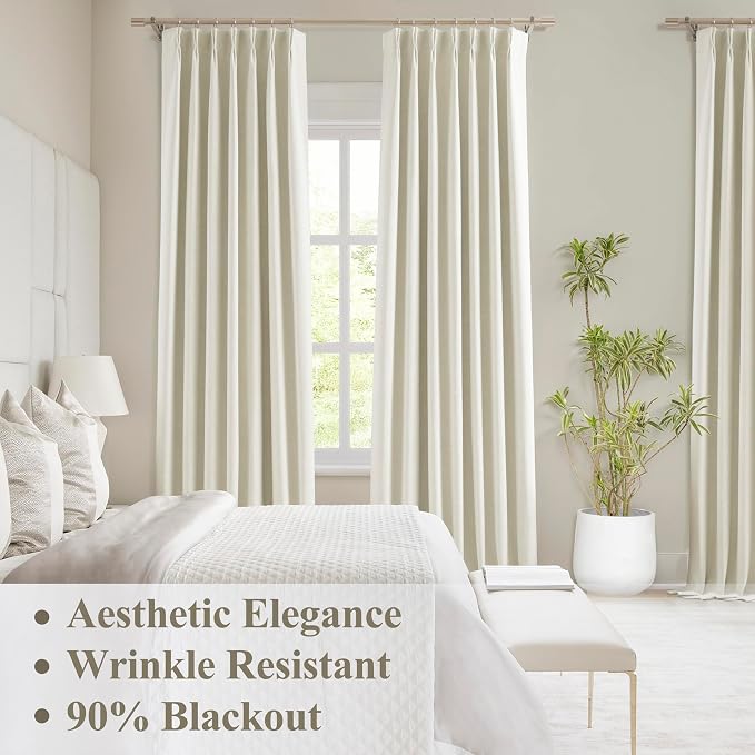 WEST LAKE 112 Inches Long Beige Chenille French Pleated 90% Blackout Curtains for Bedroom,Microfiber Lined Triple Weave Textured Heavy Drapes,Vintage Window Treatment,Back Tab,40" Wx112 L,Pack of 2