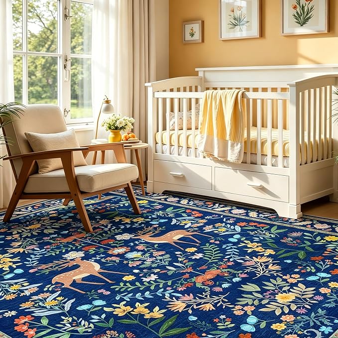 5x7 Blue Rugs for Living Room, Stain Resistant Non Slip Area Rug for Dining Room, Bedroom Floral Décor Indoor Carpet, Low Pile & Soft