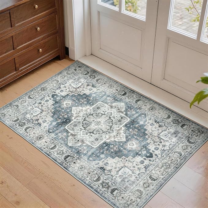 Lessymo 2 x 3 Runner Rug, Machine Washable Entryway Rugs Boho Faux Wool Low Pile Area Rug for Bedroom, Floral Medallion Vintage Rugs with Non-Slip Rubber,Blue Grey/Beige