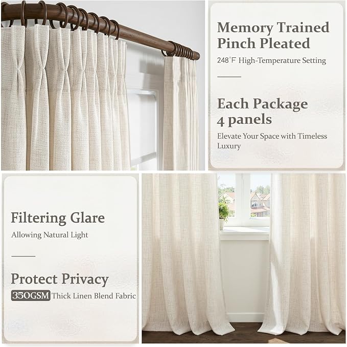 Birch Pinch Pleated Dining Room Curtains 92 Inches Long 4 Panels Set, Memory Shape Linen Blend Semi Sheer Window Curtain Light Filtering Privacy Country Drapes with Back Tab Ivory Beige 40"W x 92"L
