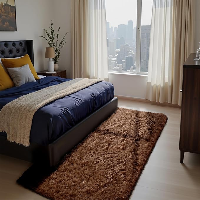 Soft Runner Rugs for Bedroom, Brown 3x7 Area Rugs Fluffy Rug Shag Area Rug Carpet, Bedside Rug for Living Room Bedroom Room Home Decor