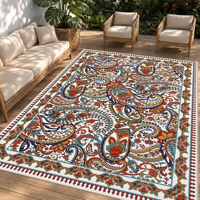 Arenarug Paisley Outdoor Rug Waterproof 4x6, UV Resistant Non Slip Patio Rug, Indoor Outdoor Boho Camping Rug Linen-Look RV Carpet for Deck Balcony Backyard, White Multi