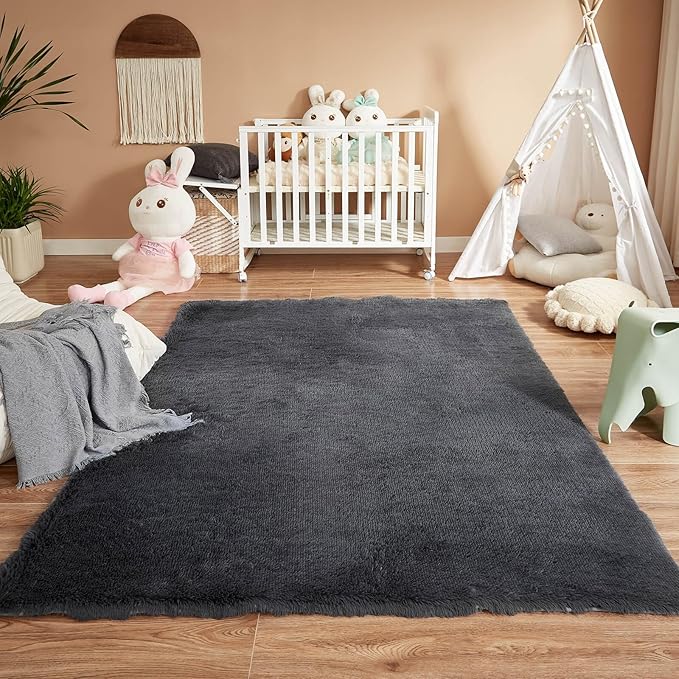 Floralux Area Rugs for Living Room, Dark Grey, 4x6 Rug for Bedroom, Fluffy Shag Shaggy Soft Carpet, Non-Slip Indoor Floor Carpets for Nursery, Kids Baby Boys Teen Dorm Home Decor Aesthetic