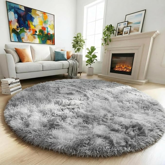 Amdrebio Tie-Dyed Light Grey Round Area Rug 4Ft for Bedroom Living Room, Soft Fluffy Circle Circular Rugs for Kids Room, Home Office Decor, Modern Floor Shag Fuzzy Farmhouse Gray Carpet for Teen Boys