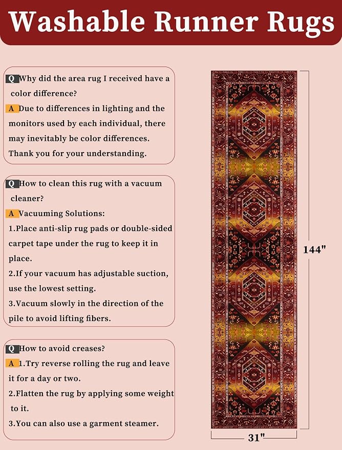 SERISSA Runner Rug for Hallways, 2'6"x12' Washable Non Slip Kitchen Runner Rug, Extra Long Boho Rug Ultra Soft Vintage Rustic Red Gold Floor Carpet for Bedroom Hallway Entryway Laundry Room