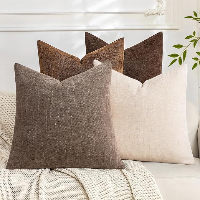 Set of 4 Soft Textured Decorative Throw Pillow Covers 24x24 Inch Cozy Farmhouse Cushion Cover Square Accent Pillow Cases for Bed Couch Sofa Living Room, Beige Taupe Brown
