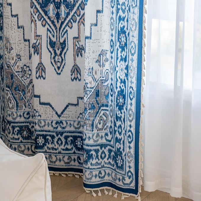 Blue Geometric Curtains 84 Inches Long, Boho Farmhouse Light Filtering Rod Pocket Drapes with Tassel Trim for Bedroom Living Room, 2 Panels