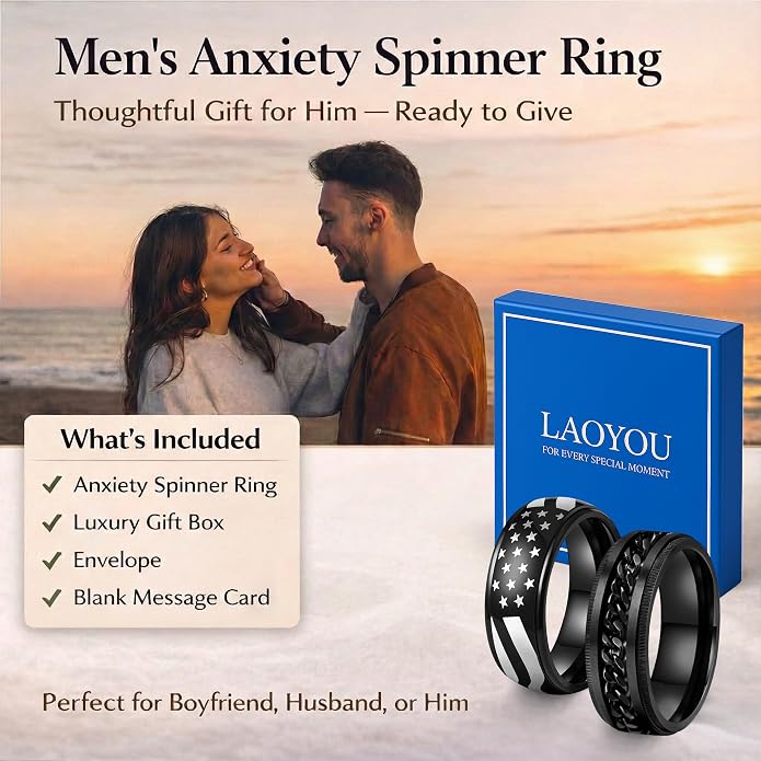 LAOYOU Fidget Anxiety Ring for Men | 8mm Spinner Band for Calming, Worry, Stress Relief & Mindfulness | Hypoallergenic Stainless Steel Comfort Fit Non Tarnish