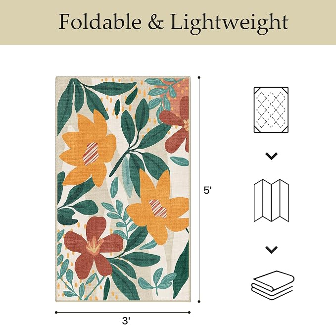 GENIMO 3x5 Outdoor Rug, Washable for Porch and Balcony, Teal Orange | Floral design for entryway; fade resistant chenille with quick-dry non-slip backing for indoor mudroom