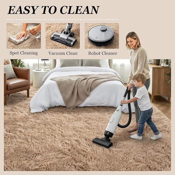 8x10 Area Rugs for Living Room Bedroom: Ultra Soft Fluffy Shag Rug Upgrade Non-Slip Non-Shedding Large Fuzzy Plush Carpet Indoor Floor Carpets for Kids Room Playroom Nursery Dorms Home Decor Beige