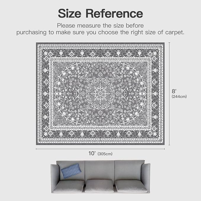 Lofus 8x10 Area Rugs for Living Room, Machine Washable Non-Slip Area Rug, Low Pile Large Rugs for Bedroom, Kitchen, Dining Room, Home Office, Vintage Oriental Print Rug, Light Grey with White