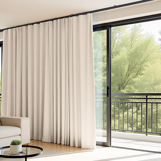 Room Divider Curtains Flexible Ceiling Tracks Set Curtain Track Ceiling Mount Blackout Curtain for Living Room Bedroom Ceiling Curtain Rod Privacy Dividers Panels W120 x H108 Beige Drape & Black Rail