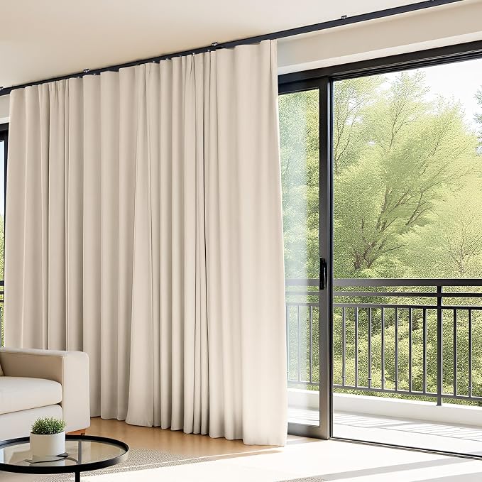 Room Divider Curtains Flexible Ceiling Tracks Set Curtain Track Ceiling Mount Blackout Curtain for Living Room Bedroom Ceiling Curtain Rod Privacy Dividers Panels W100 x H120 Beige Drape & Black Rail